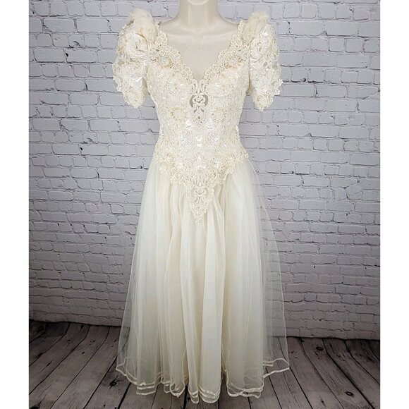 Pallas Athena Ivory Satin Embroidered Beaded Bridal Wedding Dress Gown Size P12 - Picture 1 of 16